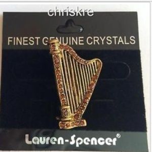 Gold Crystal Celtic Harp Pin Brooch Irish Lyre Amber Austrian Crystals